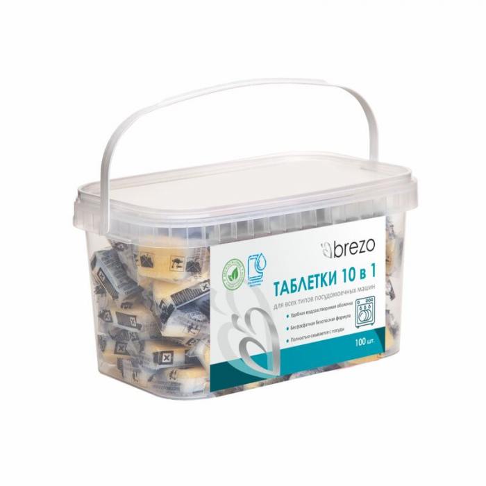 97496ПРОМО2 Таблетки ALL IN 1 Brezo бесфосфатные для посудомоечной машины, 100 шт. в водорастворимой пленке и очиститель накипи - в подарок